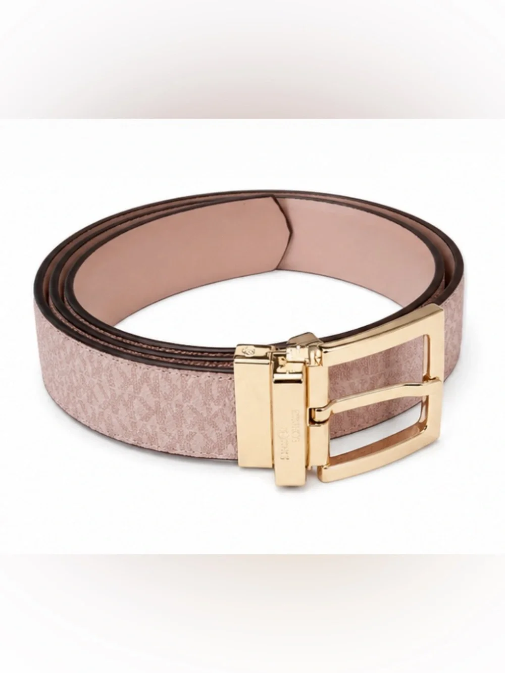 NWT Michael Kors Reversible Pink Logo Belt Women’s M Gold Buckle